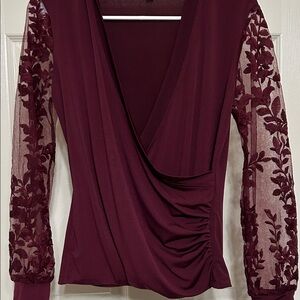 Adiva Burgundy Lace Sleeve Blouse Wine Merlot Floral Lace Long Sleeves 19 ptp S